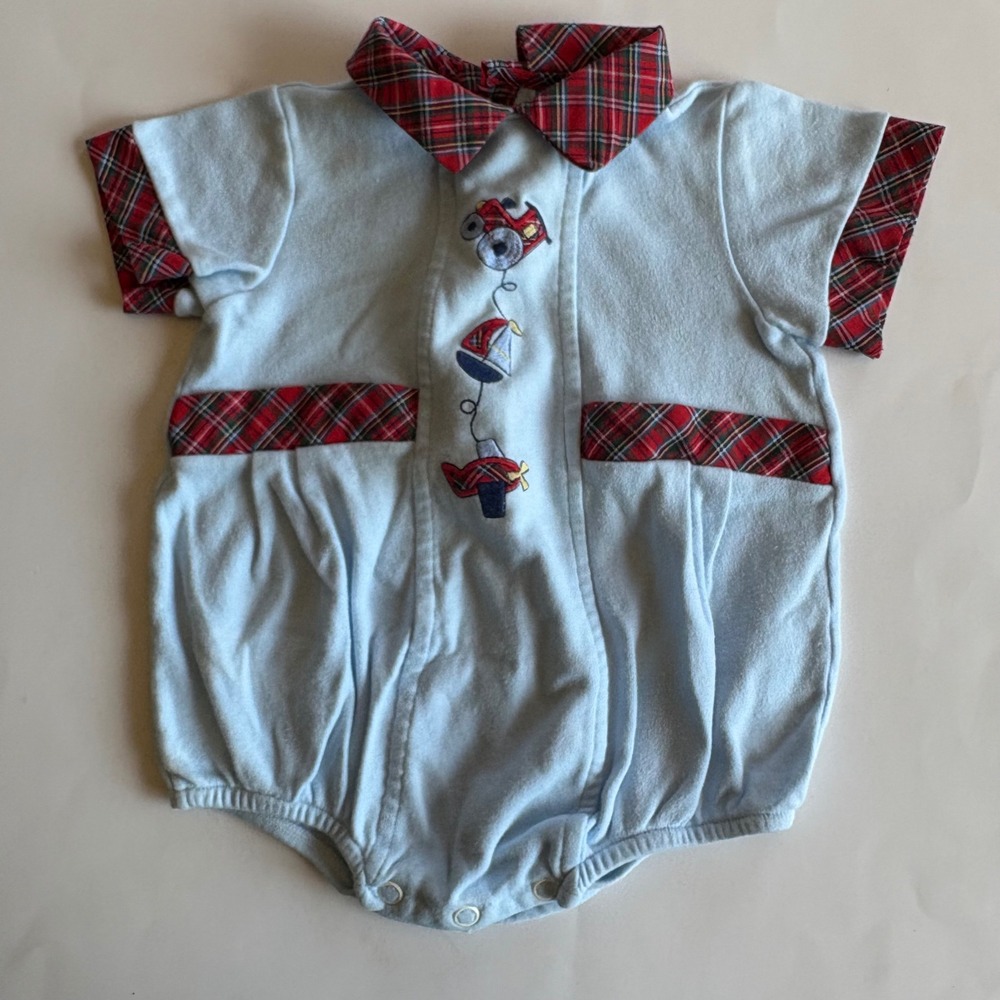 Vintage Toddle Tyke Baby Boy Blue Plaid Bubble Romper Embroidered Train 9M USA‎